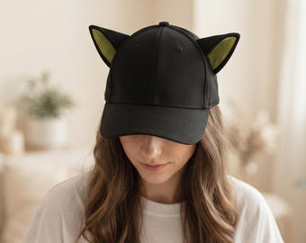 Zwarte baseballpet met kattenoortjes, unisex, kawaii streetwear, verstelbaar, handgemaakt van katoenen twill en vilt, origineel cadeau voor kattenliefhebbers, cosplay-fanaten.