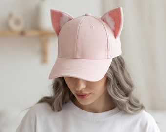 Kawaii Cat Fox Ear Baseball Cap, Handmade Faux Fur Plush Pink Hat, Adjustable Streetwear Cosplay Accessory, Cute Anime Costume Gift for Her