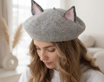 Kattenoortjes baret voor dames, handgemaakte wollen kawaii kattenmuts, grijze vilten baret, schattige dierenmuts, verjaardagscadeau voor kattenliefhebbers, winteraccessoire