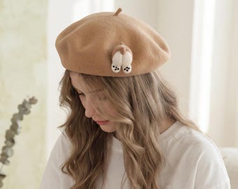 Corgi-kont wollen vilten baret, schattige handgemaakte dierenmuts, grappig cadeau voor hondenliefhebbers, Franse wintermuts voor dames, verjaardags- of kerstcadeau