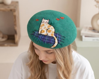Handgemaakte Franse baret van viltwol, schattige wintermuts met kattenprint voor dames, kawaii verjaardagscadeau voor dierenliefhebbers, uniek turquoisegroen cadeau