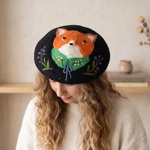 Handmade Wool Fox Beret, Needle Felted Animal Hat for Women Girls Kids, Woodland Floral Autumn Winter Cap, Whimsical Forest Fairycore Gift