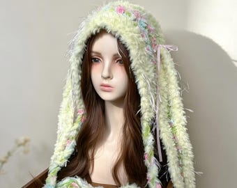Handgemaakte pluizige bivakmuts met konijnenoor, kawaii pastelkleurige konijnenkap, gehaakte coquette Cottagecore-muts, leuk wintercadeau voor haar