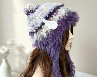 Handgemaakte paarse lavendel pluizig kattenoor beanie, kawaii namaakbont gehaakte muts, schattige pom pom kwast trapper pet, anime gezellige tienermeisjes cadeau