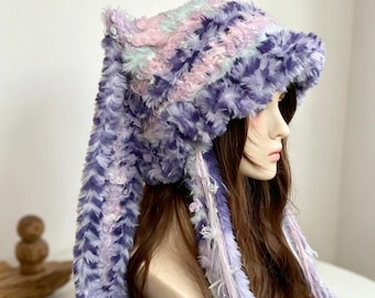 Handgemaakte zachte pluizige konijnenoormuts, kawaii beanie van namaakbont, pastelkleurige muts, gezellige warme aangepaste winter pluche muts, leuk Fairycore esthetisch cadeau voor haar