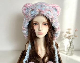 Kawaii berenoor gehaakte beanie, pluizige pluche pastelkleurige hoed, zacht meisje esthetische handgemaakte oorklepmuts, schattige pom pom fuzzy gezellige winterteddycadeau