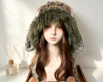 Gepersonaliseerde Y2K konijnenoorhoed vleugels, grillige Fairycore Fuzzy Ushanka, pluizige dierenbeanie, Gorpcore Aesthetic retro winter furry trapper