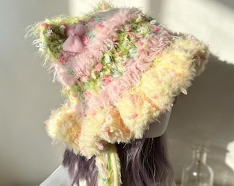 Pastel kawaii fuzzy pluche namaakbont kattenoor beanie, Fairycore handgemaakte kwallen gehaakte oorklep hoed, zacht gezellig grillig wintercadeau voor haar