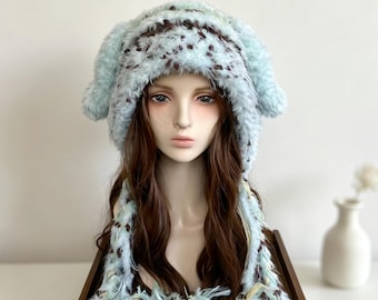 Y2K kawaii mint chocoladeschilfer gehaakte muts van namaakbont, handgemaakte konijnenoor fuzzy trapper hat, schattige esthetische pluizige wintermuts, veganistisch cadeau