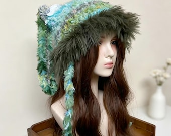 Handgemaakte hoed konijnenoren gehaakte engelenvleugels beanie groene fuzzy bivakmuts Fairycore accessoires kawaii paascadeau voor haar Y2K esthetische hoed