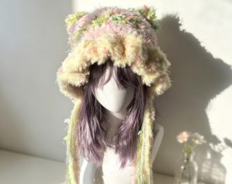 Pastel kawaii fuzzy pluche namaakbont kattenoor beanie, Fairycore handgemaakte kwallen gehaakte oorklep hoed, zacht gezellig grillig wintercadeau voor haar