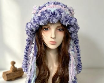 Handmade Soft Fluffy Bunny Ear Hat, Faux Fur Pastel Kawaii Beanie, Cozy Warm Custom Winter Plush Cap, Cute Fairycore Aesthetic Gift for Her