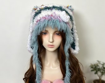 Cosplay Bunny Ear Beanie Blue, Kawaii Fluffy Fairycore Fuzzy Hat, Harajuku Furry Plush Pompom Cap, Cute Cottagecore Y2K Rabbit Costume Gift
