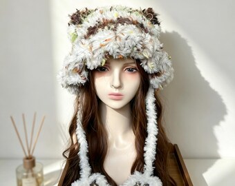 Pluizige witte kattenoor gehaakte muts, kawaii Y2K namaakbont oorklepper hoed, handgemaakte Fairycore dierenbeanie, coquette gezellige fuzzy wintercadeau