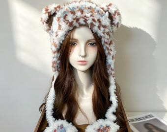 kawaii namaakbont beer oorvanger, handgemaakte pluizig gehaakte motorkap dames, fairycore cottagecore dierenkap, warme winter kerstcadeau