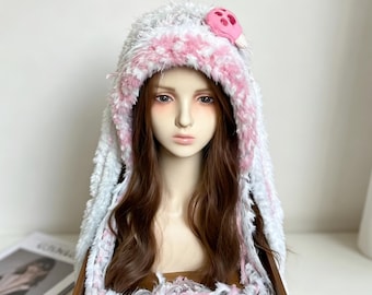 kawaii roze konijnenoorhoed, zachte capuchon konijn imitatiebont, Y2K harajuku pluizige pluche pet, schattig anime-cosplaykostuum, gezellige warme winter tienercadeau