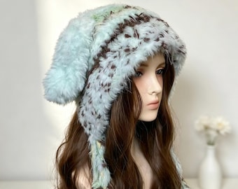Anime Cosplay Bunny Ear Faux Fur Hat, Y2K Kawaii Mint Chocolate Chip Crochet Trapper Hat, Handmade Fuzzy Aesthetic Winter Beanie, Vegan Gift