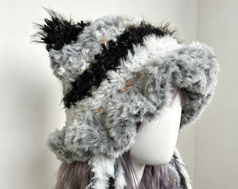 Fuzzy kattenoor gehaakte muts, kawaii kwal gevlochten pluizige hoed, Rave Festival-kostuum, Harajuku Fashion-hoofddeksels, pastel Goth-cosplaycadeau