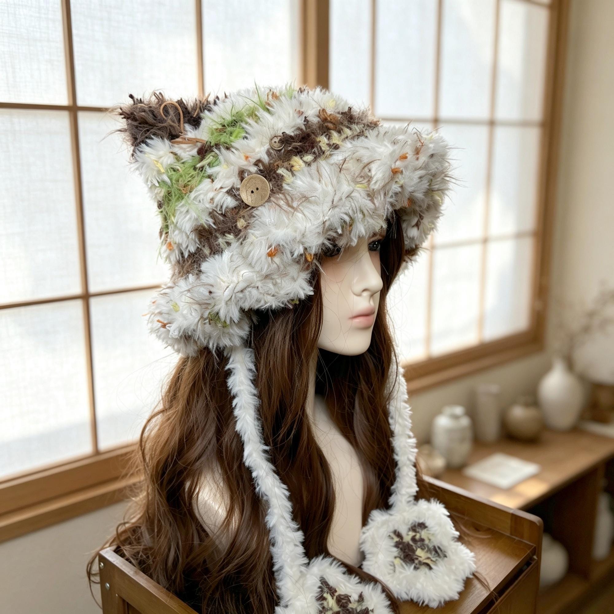 Womens Wolf Faux Fur Hat White Black Shaggy Y2K Festival Winter Unisex Rave Wolf Hat - Etsy main image 2