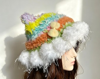 Kawaii Rainbow Cat Ear-beanie, kleurrijke pluizige gehaakte muts, Y2K pluche Fuzzy Kitty gebreide muts, zachte wintermuts van nepbont, leuk leuk verjaardagscadeau