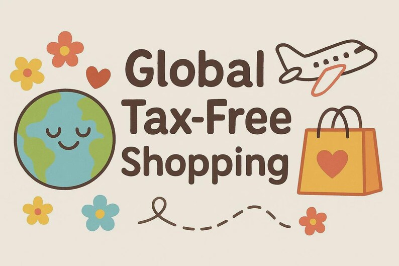 May include: Illustration with the text "Global Tax-Free Shopping." Features a smiling globe, flowers, a heart, a shopping bag with a heart, and an airplane. The color palette includes brown, orange, blue, and yellow.