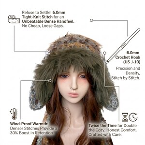 May include: A faux fur hat with ear flaps, in shades of brown, gray, and olive green. The image includes text highlighting the hat's features: tight-knit stitch, wind-proof warmth, and cozy comfort. A 6.0mm crochet hook is also shown.