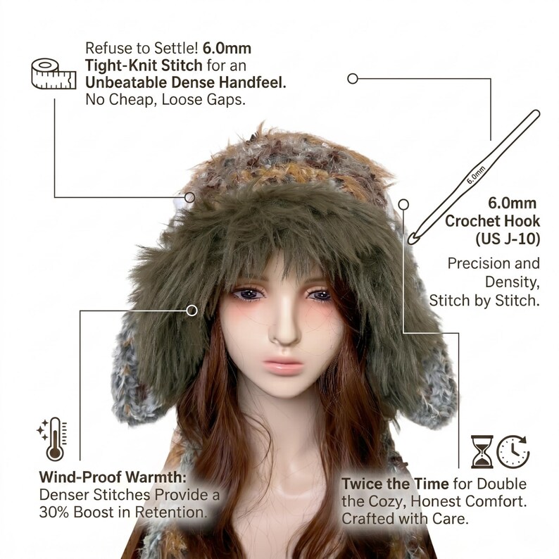 May include: A faux fur hat with ear flaps, in shades of brown, gray, and olive green. The image includes text highlighting the hat's features: tight-knit stitch, wind-proof warmth, and cozy comfort. A 6.0mm crochet hook is also shown.