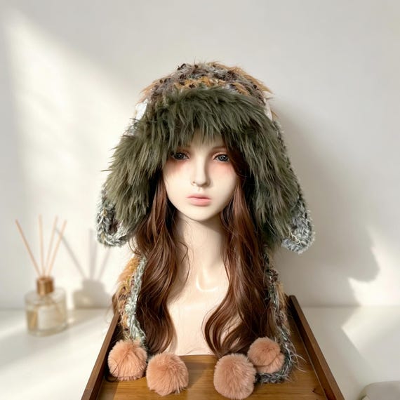 Personalized Y2K Bunny Ear Hat Wings,Whimsical Fairycore Fuzzy Ushanka,Fluffy Animal Beanie,Gorpcore Aesthetic Retro Winter Furry Trapper