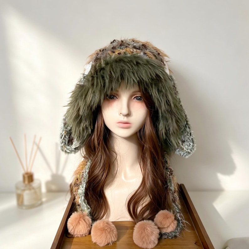 Y2K Bunny Ear Cosplay Hat,Personalized Rabbit Wings,Fairycore Fuzzy Ushanka,Cosplay Furry Beanie,Gorpcore Aesthetic Retro Winter Trapper image 1