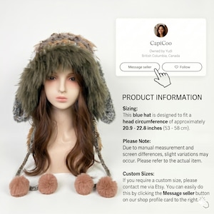 May include: A blue and brown faux fur hat with ear flaps and four pink pom-poms. The hat is designed to fit a head circumference of approximately 20.9 - 22.8 inches.