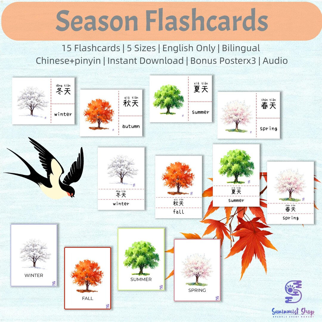 Four Seasons Chinese-english Learning Poster: Bilingual Flashcards ...
