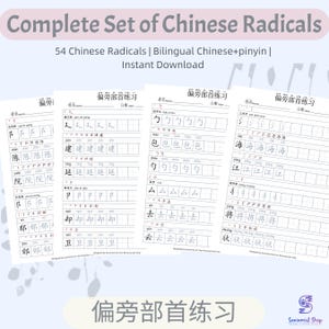 May include: A complete set of Chinese radicals with 54 characters, including bilingual Chinese and pinyin. The image shows several worksheets with Chinese characters and space for practice. The text reads "Instant Download".