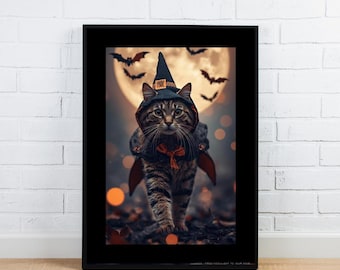 May include: A framed print of a cat dressed in a witch costume, complete with a pointed hat and cape. The cat is brown and black, with a red bow tie. Bats fly in the background against a full moon, creating a Halloween theme.