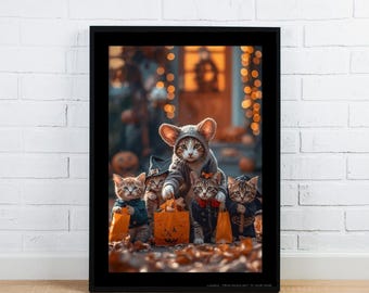 May include: A framed print featuring five kittens dressed in Halloween costumes. One kitten wears a mouse costume, while others are in witch and vampire attire. They hold orange treat bags with jack-o'-lantern faces, set against a blurred autumn backdrop.