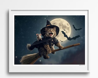 May include: A framed print depicts a tabby cat dressed as a witch, riding a broomstick under a full moon. A small mouse sits on the cat's shoulder. Bats fly in the night sky, creating a Halloween theme.