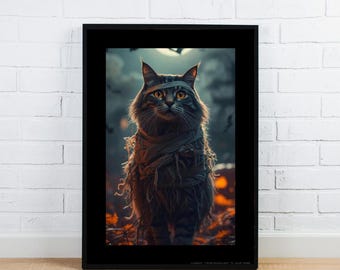 May include: A framed print featuring a cat dressed as a mummy. The cat has orange eyes and is wrapped in bandages. The background is a dark, spooky scene with a full moon and bats.