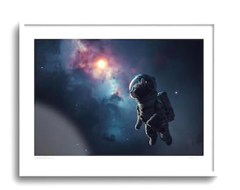 May include: A framed print featuring a cat in an astronaut suit floating in space. The background showcases a nebula with a bright sun. The cat is in a spacesuit with a clear helmet, set against a dark, starry backdrop.