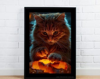 May include: A framed print featuring a close-up of a fluffy, orange tabby cat. The cat is illuminated by a warm, glowing light, possibly from a carved pumpkin. The cat's eyes are focused, and its paws are near the light source. The frame is black.