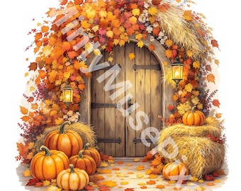 May include: A watercolor illustration of a wooden door surrounded by autumn foliage. Pumpkins and hay bales are placed in front of the door. Two lanterns are on either side of the door. The leaves are orange, yellow, and red.