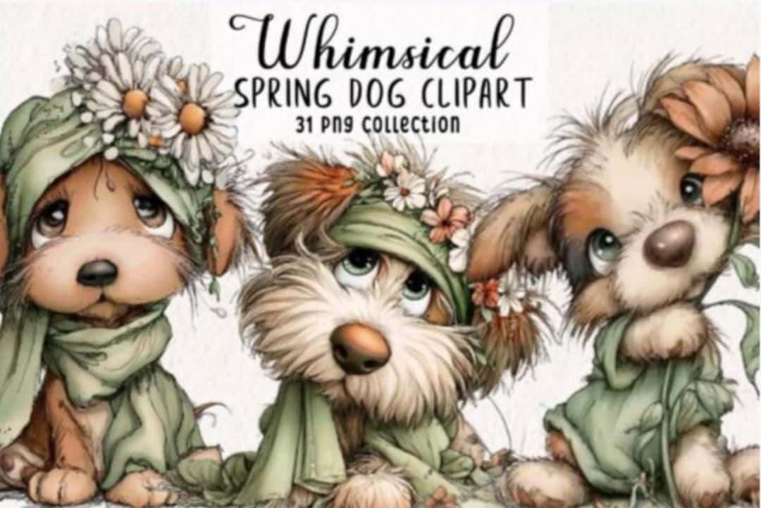 Whimsical Spring Dog Clipart Bundle, Watercolor Puppy Graphics (digital ...