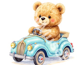 Watercolor Teddy Bear Clipart | Blue Airplane, Nursery Art (Digital Download)