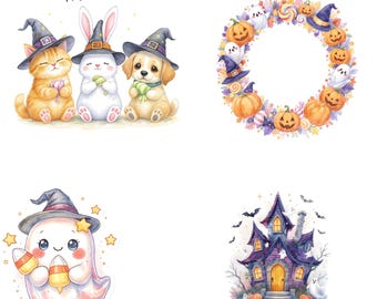 20 pastelkleurige halloween-clipart: kawaii-geesten, pompoenen, vleermuizen, digitale download