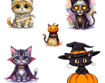 Halloween kat clipart | Ontwerpen heks, geest en pompoen (digitale download)