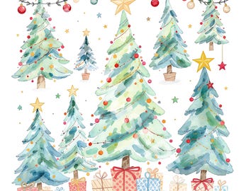 Watercolor Christmas Tree Clipart, Whimsical Holiday Illustrations (Digital Download)