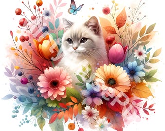 水彩画の野花猫 PNG - 花柄猫昇華、春の花子猫シャツクリップアート
