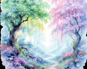 May include: Watercolor painting of a whimsical forest scene. Lush trees with green and pink foliage frame a path leading into the distance. Colorful flowers and a stream add to the dreamy atmosphere. The image has a soft, ethereal quality.