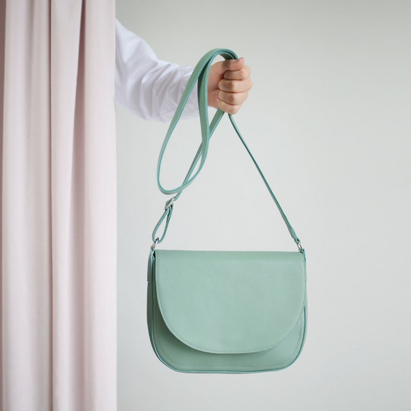 Crossbody Saddle Bag Sage Green, minimalistic leather shoulder bag, LAST ONE