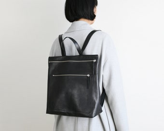 Leather backpack, backpack purse, minimalistic zipperd backpack