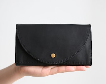 Clutch Portemonnee Zwart, Lederen Clutch, Secretaresse Portemonnee, Grote Lederen Portemonnee