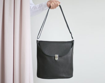 Bucket Bag  Black Leather with Cotton Lining, big hobo bag, shoulder bag, leather shopper, crossbody bag